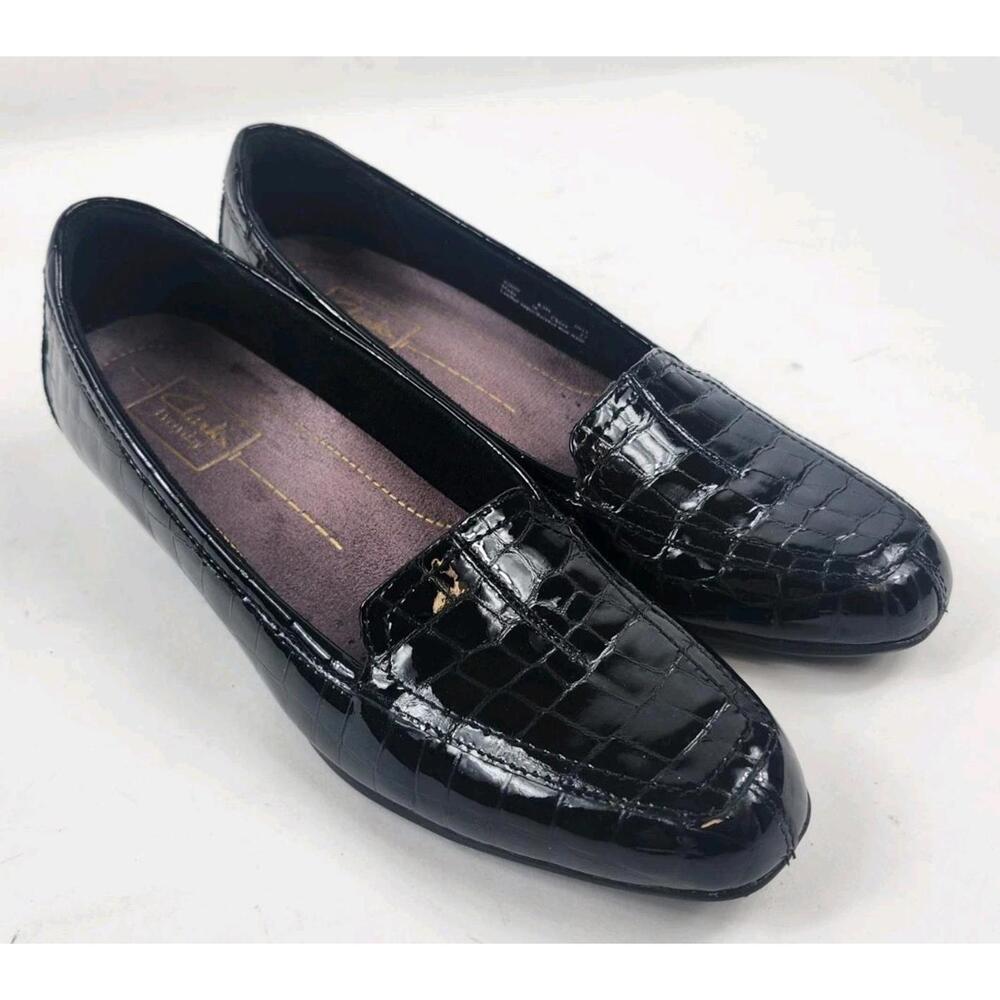 Black Croc-Embossed Patent Loafers - Women's Heels